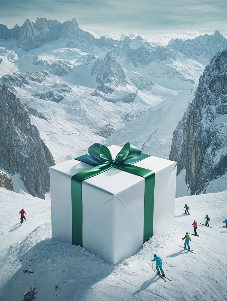 A colossal, white gift box with a large green ribbon sits atop a snow-covered mountain peak.  A breathtaking panorama of snow-capped mountains stretches out in the background.  Several skiers are seen traversing the slopes in the foreground, their tiny figures dwarfed by the immense present.  The scene blends the wonder of a winter landscape with the surprise of a giant gift, creating a surreal and captivating image.