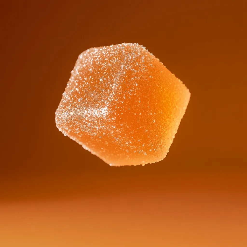 Here's a description of the image:

The photograph showcases a single, translucent orange jelly cube suspended against a blurred, amber background.  The cube is slightly irregular in shape, with a glistening, possibly sugared, surface that catches the light. The overall effect is one of sweetness and delicacy, heightened by the soft focus and warm color palette.  The image is sharply focused on the jelly, making it the clear center of attention.