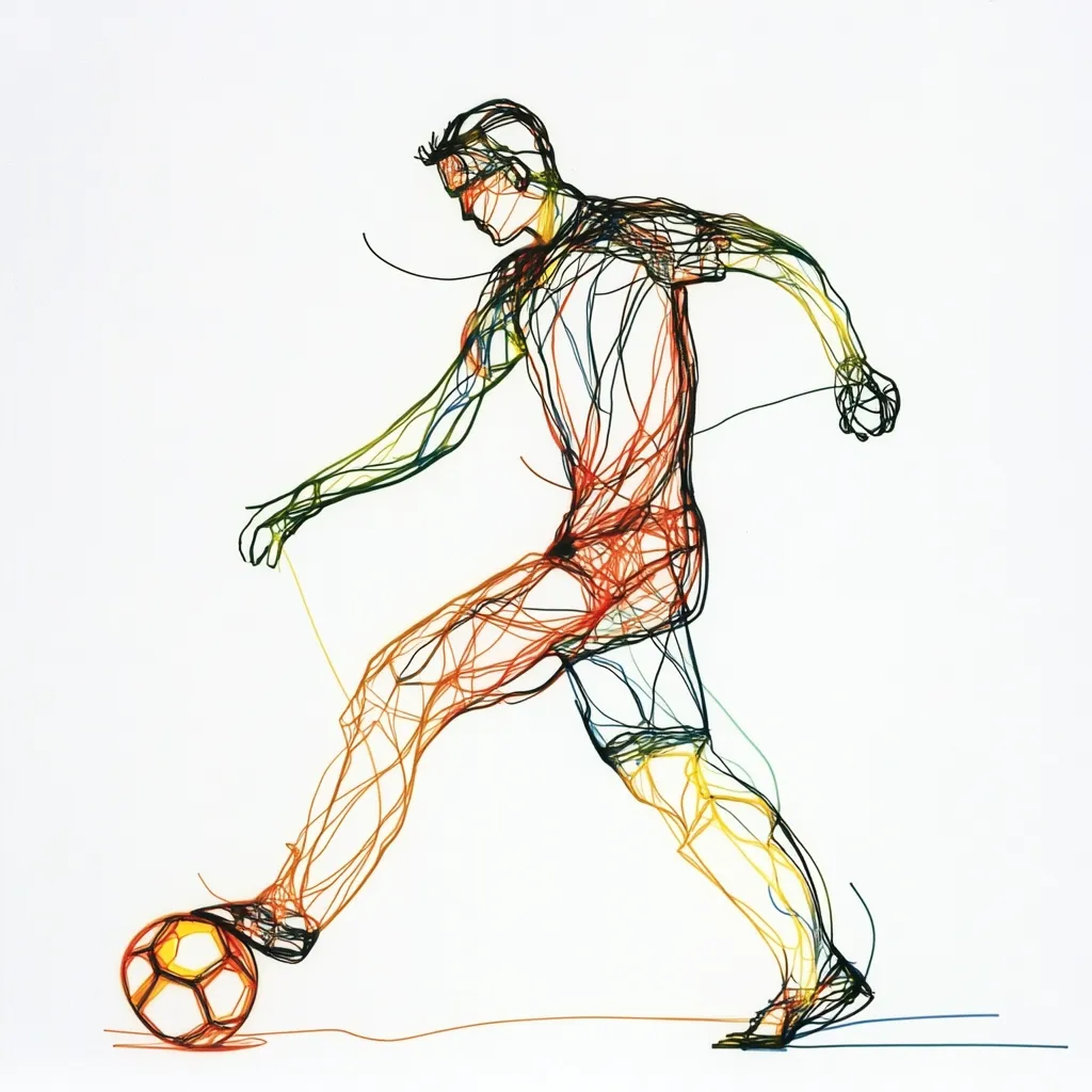 Here's a description of the image:

The image is an abstract line drawing of a soccer player in motion.  The figure is depicted using multicolored interwoven lines creating a dynamic, almost web-like effect.  The lines suggest the player's form and the movement of their limbs as they seemingly control a soccer ball near their feet. The overall style is energetic and modern, with a focus on capturing the essence of athleticism rather than photorealistic detail. The background is white, making the colorful lines of the player stand out prominently. The colors used are predominantly oranges, reds, blues and blacks.