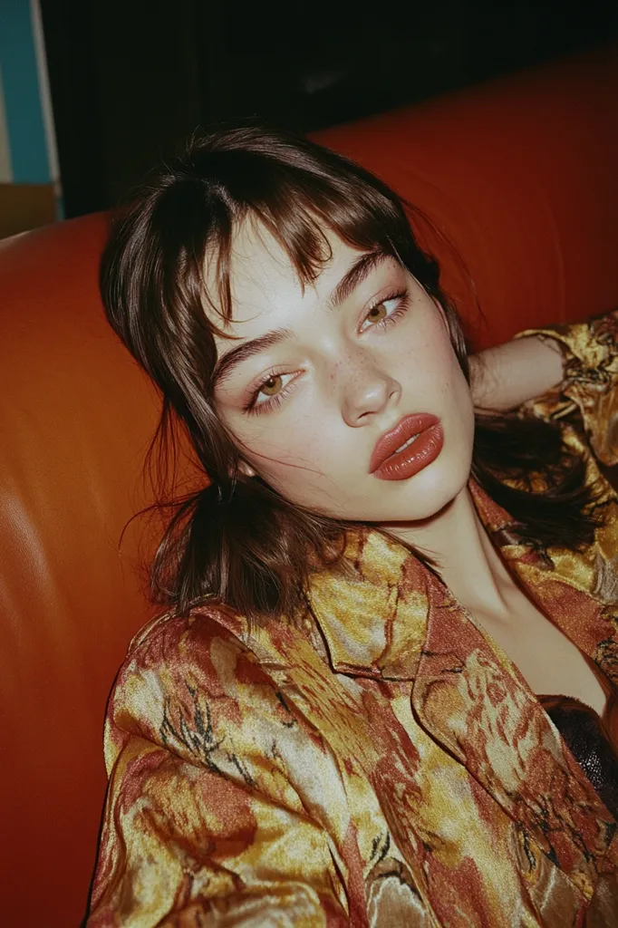 Here's a description of the image:

Close-up view of a young woman with shoulder-length brown hair styled with bangs and slightly parted down the middle.  She has fair skin with freckles, and is wearing subtle makeup featuring a muted orange-toned lipstick. Her eyes are light colored, and she's wearing a gold and rust-colored patterned jacket, seemingly made of a silk or satin-like material. The woman is lying on an orange leather couch or chair, her expression is relaxed, bordering on pensive. The overall aesthetic is vintage or retro, with warm, slightly muted lighting.