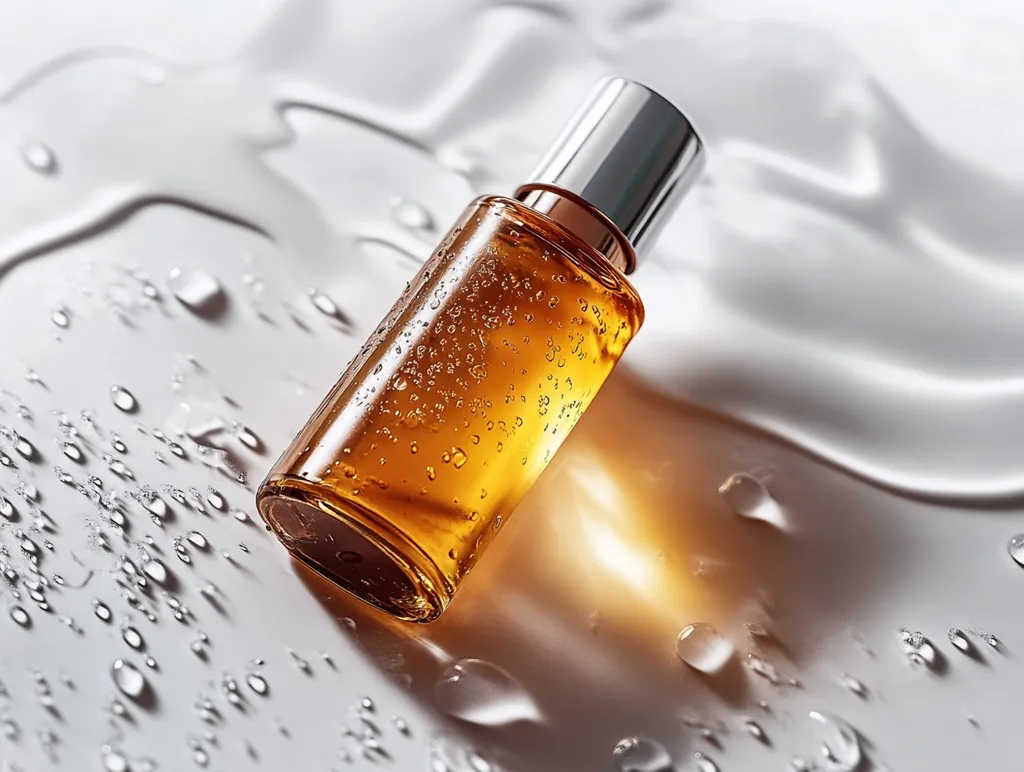 A bottle of amber-colored liquid rests on a white, glistening surface.  The liquid appears viscous, with tiny bubbles visible throughout.  The bottle has a sleek, silver cap and a rectangular shape.  Water droplets are scattered across the background, suggesting a fresh, clean, and possibly hydrating product.  The overall image is clean and minimalist, emphasizing the beauty and quality of the product.