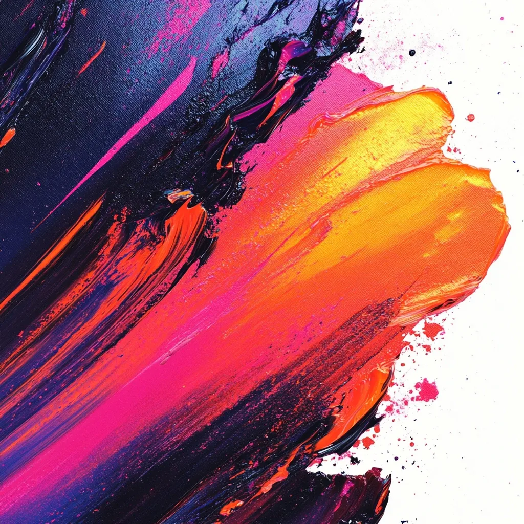 The image is an abstract painting dominated by vibrant, swirling strokes of color.  Deep blues and blacks intermingle with bright pinks, oranges, and yellows, creating a dynamic energy. The paint is applied thickly, with visible brushstrokes emphasizing texture and movement. The colors blend and clash, creating a sense of both chaos and harmony.  The composition is asymmetrical, with the colors flowing from dark to light across the canvas, ending in a splatter effect against a white background.