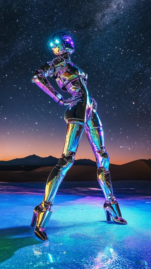 A chrome female robot, adorned in iridescent high heels, strikes a confident pose under a vibrant, star-studded night sky.  The robot's metallic body reflects the surrounding desert landscape and the colorful lights illuminating the ground.  Mountains are visible on the horizon, adding a dramatic backdrop to the futuristic scene. The overall aesthetic is a blend of science fiction and fashion, creating a striking and visually captivating image.