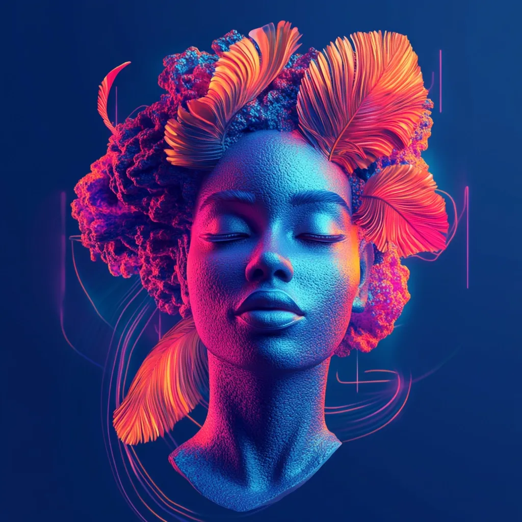 Here's a description of the image:

The image is a vibrant digital artwork depicting a stylized bust of a Black woman. Her face is rendered in a metallic blue, illuminated by neon pink and orange light, creating a striking contrast.  Her eyes are closed, conveying serenity.  Her hair is depicted as an abstract, textured form, adorned with stylized, large, orange-pink feathers or leaves. The background is a deep blue, with abstract neon pink and blue light streaks adding to the dynamic, surreal atmosphere. The overall effect is a modern, artistic portrayal blending realism with fantasy elements.