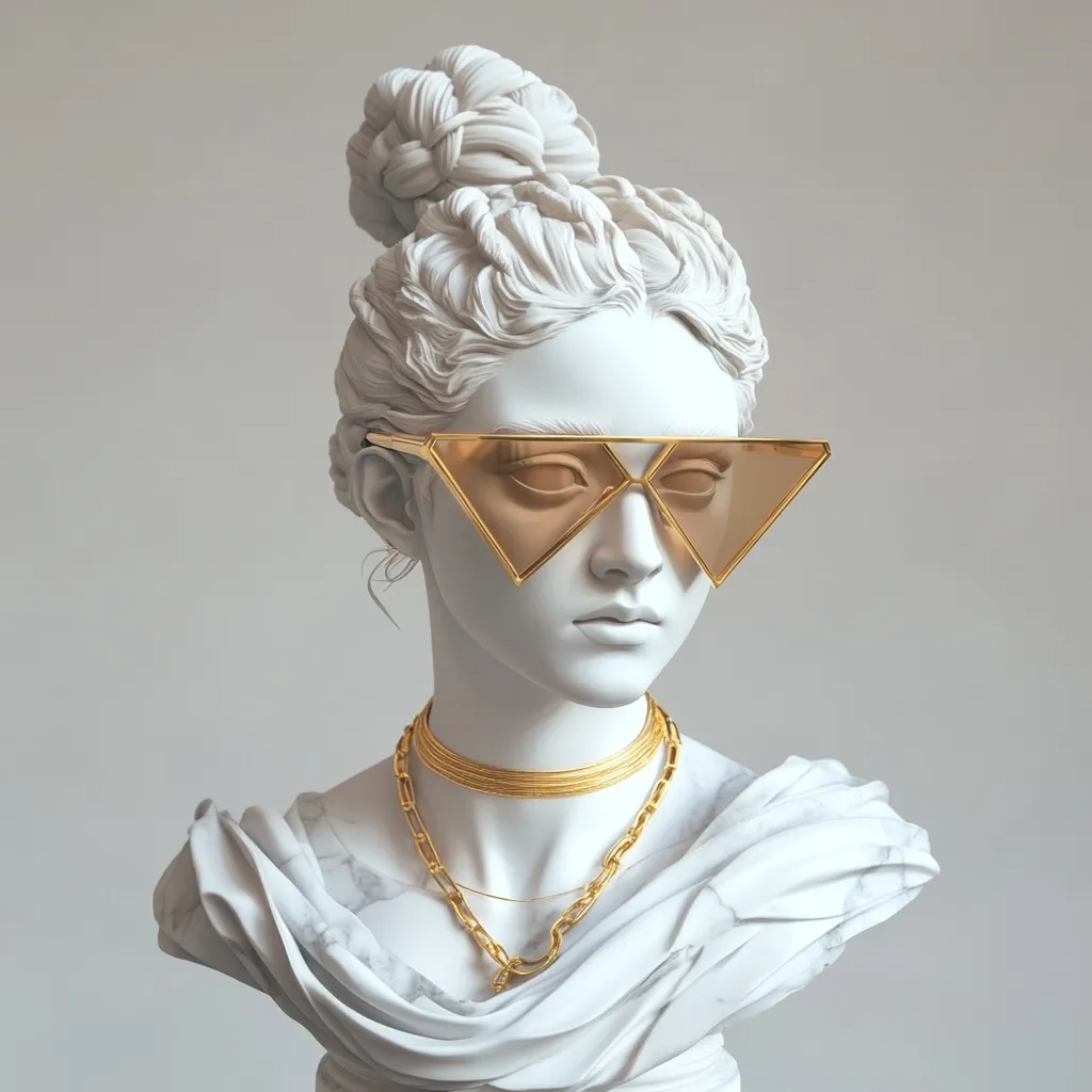 Here's a description of the image:

The image shows a marble bust of a woman, styled in a contemporary fashion.  Her hair is styled in an elegant updo.  She wears large, gold-framed, amber-lensed sunglasses with a geometric design,  and multiple gold necklaces of varying thicknesses, creating a juxtaposition of classical sculpture and modern accessories. The bust itself is smooth and detailed, showcasing a serene expression on the woman’s face.  The background is a simple, neutral light grey, drawing focus to the contrast between the antique aesthetic and the modern additions.