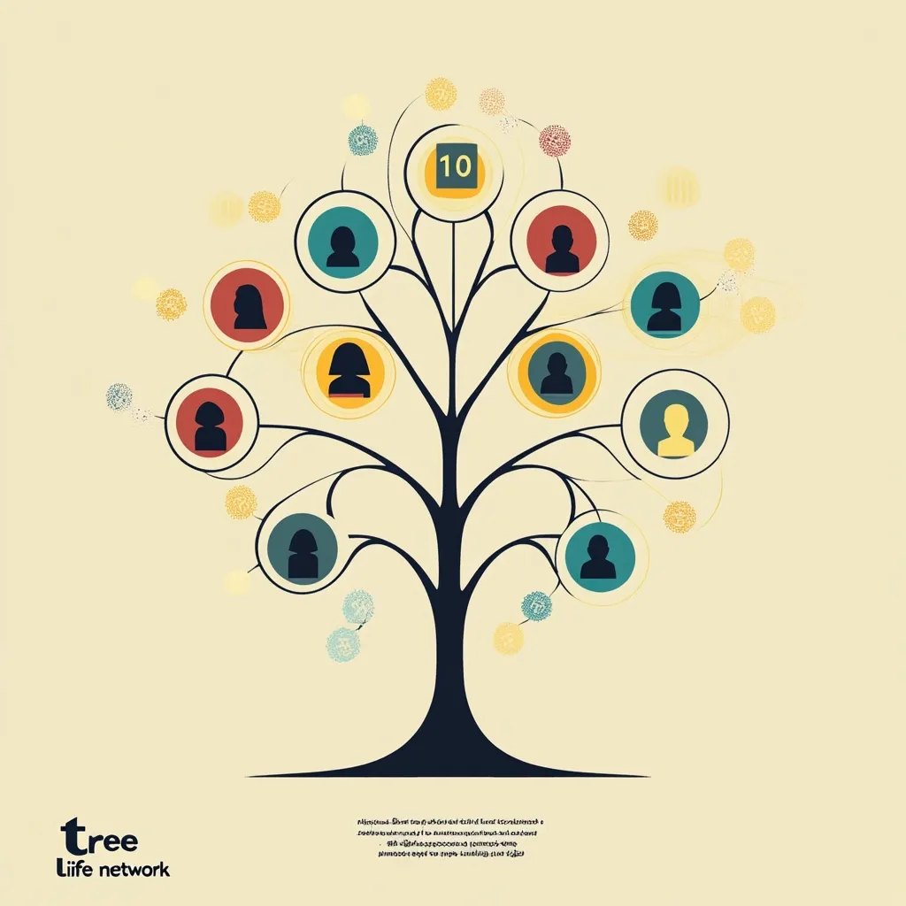 Here's a description of the image:

The image is a stylized family tree graphic, rendered in a vintage color palette of muted yellows, oranges, reds, blues, and greens.  A dark brown tree trunk supports branches ending in circular nodes, each containing a simple silhouette of a person.  The central node displays the number \