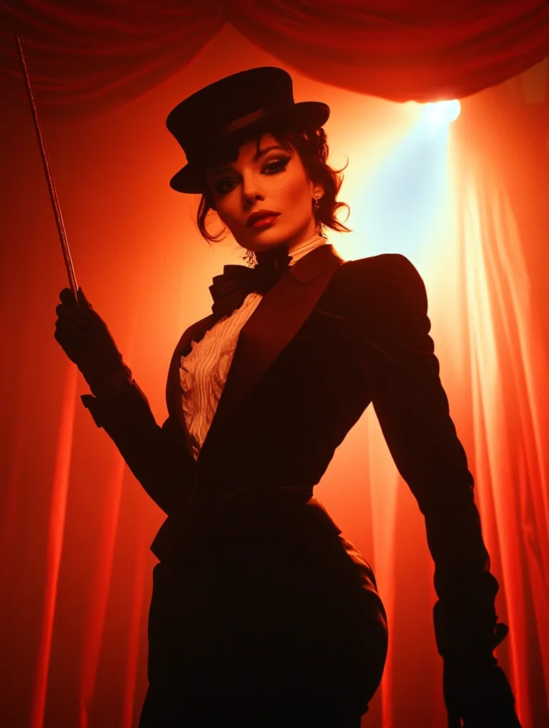 A woman, dramatically lit in red, stands center stage.  She wears a black top hat, a dark tuxedo-style jacket over a ruffled white shirt, and long black gloves. A wand is held in her left hand.  Her dark hair is styled up, and her expression is intense. The backdrop is a rich red curtain, highlighting her figure in a spotlight. The overall image evokes a sense of mystery and perhaps magic, reminiscent of a vintage theatrical performance.