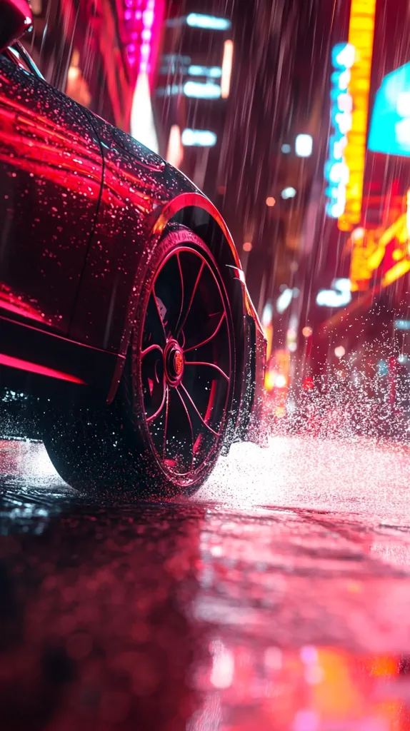Here's a description of the image:

The image is a close-up shot of a dark-red sports car's wheel and tire, drenched in rain. The car is parked on a wet city street at night.  Neon lights in pink, orange, and blue reflect on the glistening, wet surfaces of the car and the street. Rain streaks down the car and creates splashes on the ground, emphasizing the dynamic, almost cinematic feel of the scene. The focus is sharply on the tire, while the background city lights are blurred, conveying movement and speed. The overall mood is vibrant, intense, and atmospheric.