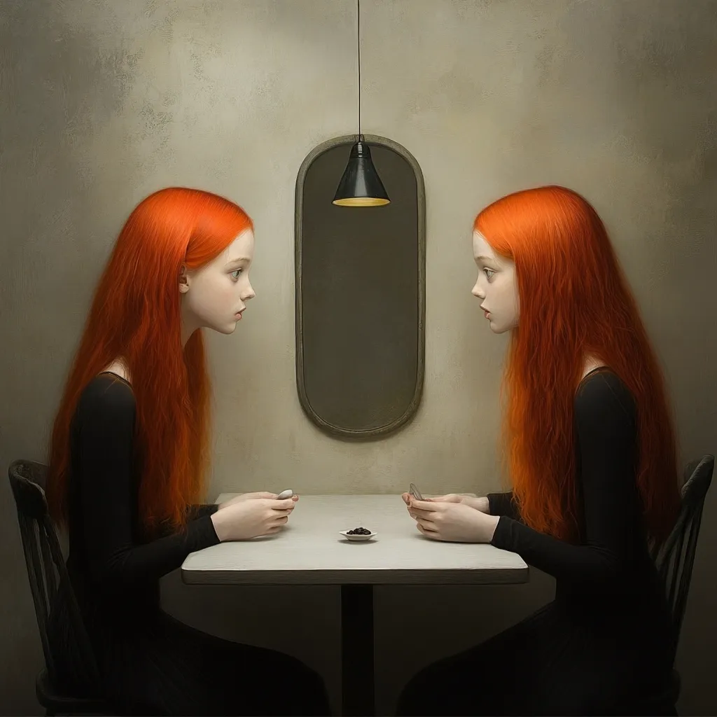 The painting depicts two identical young women with vibrant orange hair, seated opposite each other at a small, round table.  They are dressed in simple black dresses and appear to be engaged in a silent interaction, holding small objects.  A small dish sits between them.  A dark, oval mirror hangs on the wall behind them, reflecting the room's muted lighting from a pendant lamp above. The overall mood is one of quiet contemplation and subtle unease. The background is a neutral, textured wall.