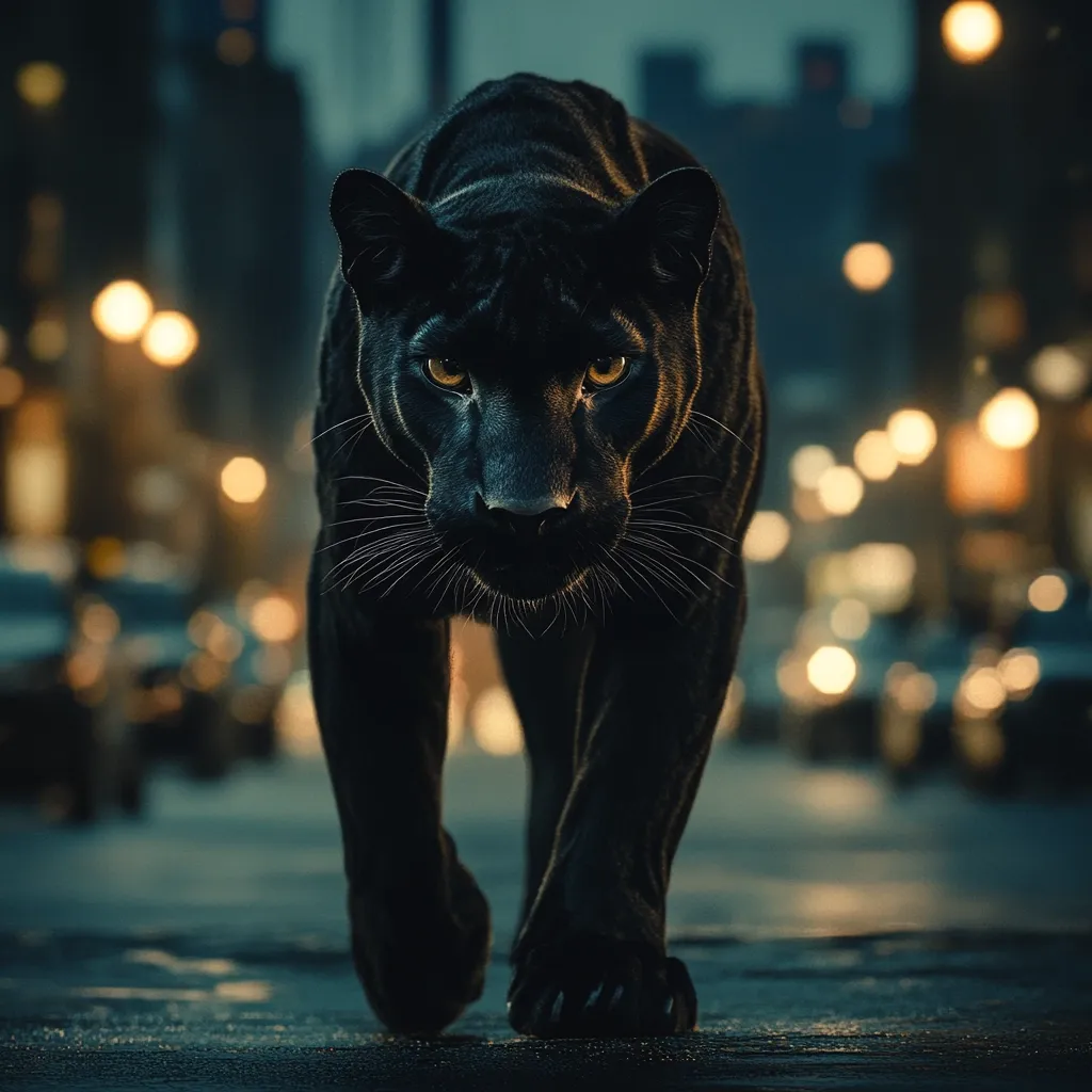 A majestic black panther strides purposefully down a city street at twilight.  Its piercing yellow eyes are fixed on the viewer, creating a sense of intensity. The background is a blurred cityscape of warm streetlights and out-of-focus vehicles, contrasting with the sharp focus on the predator.  The image evokes a feeling of power and unexpected wildness within an urban environment.