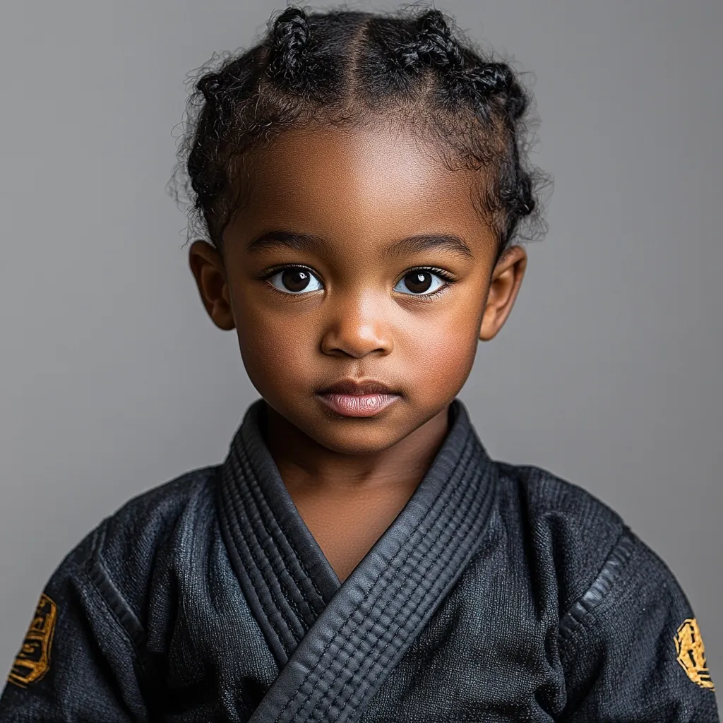 Here is a description of the image:

Close-up portrait of a young Black girl with her dark hair styled in small braids.  She's wearing a black martial arts gi, the fabric appearing soft and slightly textured.  Her expression is serious and direct, her gaze intently focused on the camera. The background is a simple, neutral gray, drawing all attention to the child's striking features and the detail of her attire. The overall impression is one of strength, poise, and quiet determination.