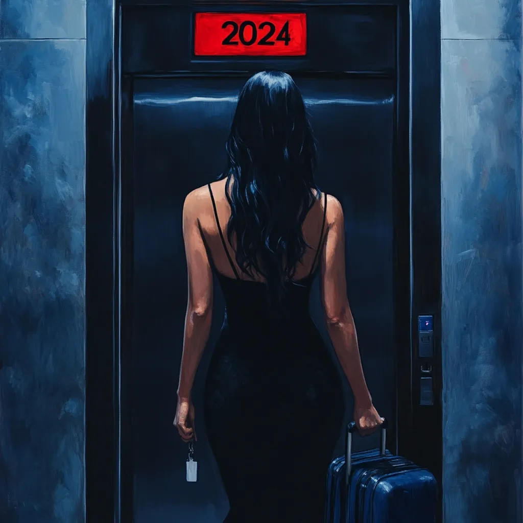 The painting depicts a woman with long dark hair, dressed in a black dress, standing before a dark elevator door.  The number "2024" is illuminated in red above the door. She holds a small tag in one hand and pulls a dark blue suitcase with the other. The overall mood is somber and mysterious, suggesting a journey into the unknown year ahead.  The dark color palette and the woman's posture convey a sense of anticipation or apprehension.