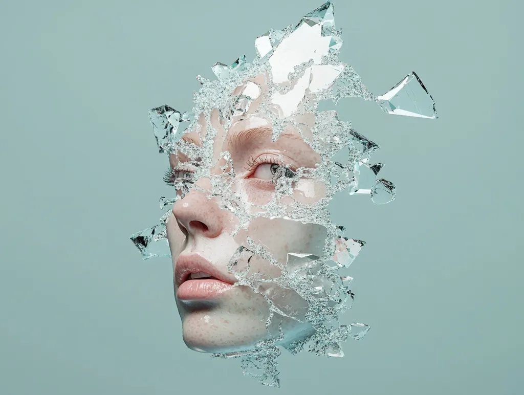 The image presents a surreal portrait of a woman's face partially obscured by shards of what appears to be shattered glass or ice. The fragments are translucent, with light catching their edges, creating a striking contrast against the pale skin. The woman's expression is serene, despite the fragmented nature of the visual. The background is a muted teal, which further emphasizes the ethereal and somewhat unsettling beauty of the piece.  The overall effect is one of vulnerability and fragility.