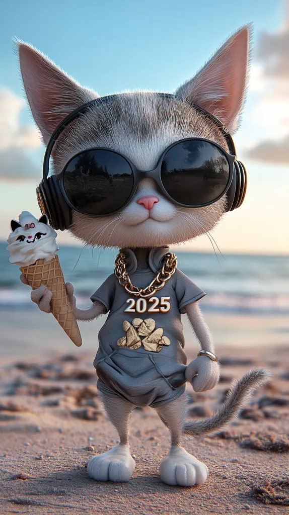 Here's a description of the image:

A charming, anthropomorphic cat, rendered in 3D, stands on a sandy beach.  It sports oversized sunglasses, headphones, and a gold chain necklace.  The cat's grey and white fur is meticulously detailed, and it holds an ice cream cone in one paw. Its shirt features the number "2025" and a gold design. The backdrop is a tranquil ocean under a partly cloudy sky, creating a serene and stylish summer scene. The overall style is playful and modern.