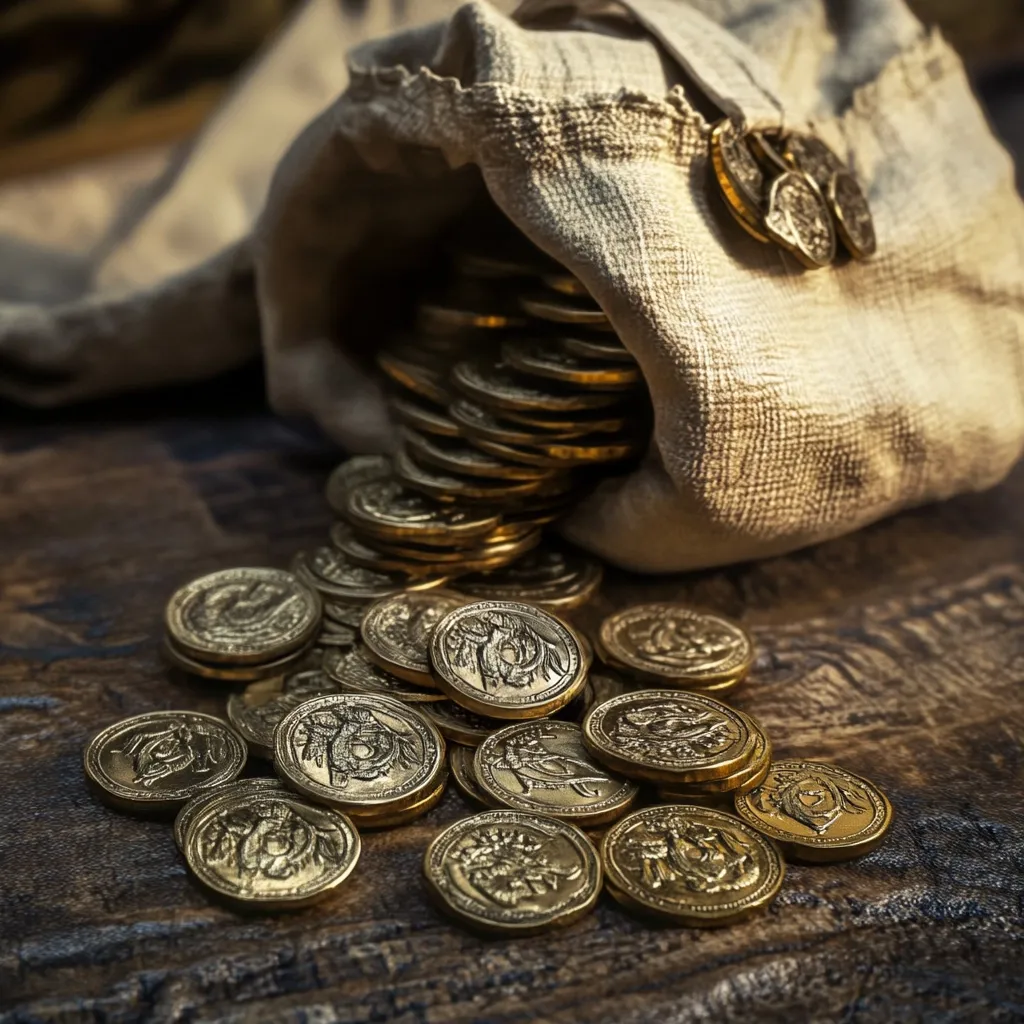 A burlap sack, overflowing with a pile of gold coins, sits on a dark wooden surface.  The coins, appearing ancient, are intricately detailed with embossed designs.  Many coins spill from the sack onto the table, creating a visually rich display of wealth and antiquity. The lighting emphasizes the metallic sheen of the coins and the texture of the worn sack.  The overall image evokes a sense of old-world treasure and perhaps a pirate's loot.