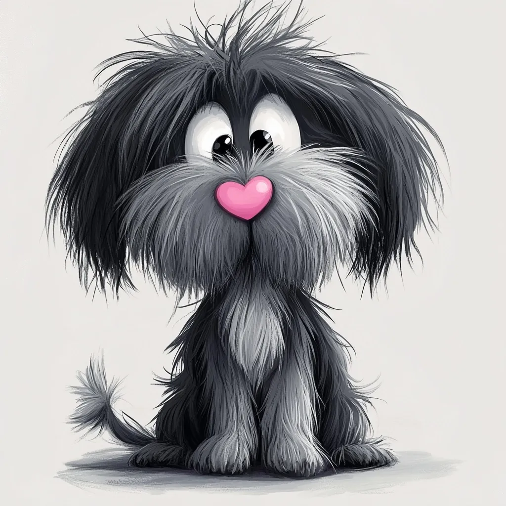 Here's a description of the image:

The illustration depicts a charming, cartoonish dog. Its fur is predominantly dark gray, with lighter gray undertones, giving it a fluffy, slightly unkempt appearance.  The dog's large, expressive eyes are wide and innocent, and its nose is a small, pink heart shape. It sits upright, its paws neatly positioned beneath it, and a small, bushy tail curls behind. The overall style is whimsical and endearing, suggesting a playful and friendly personality. The background is a simple, light gray, allowing the dog to be the clear focal point.
