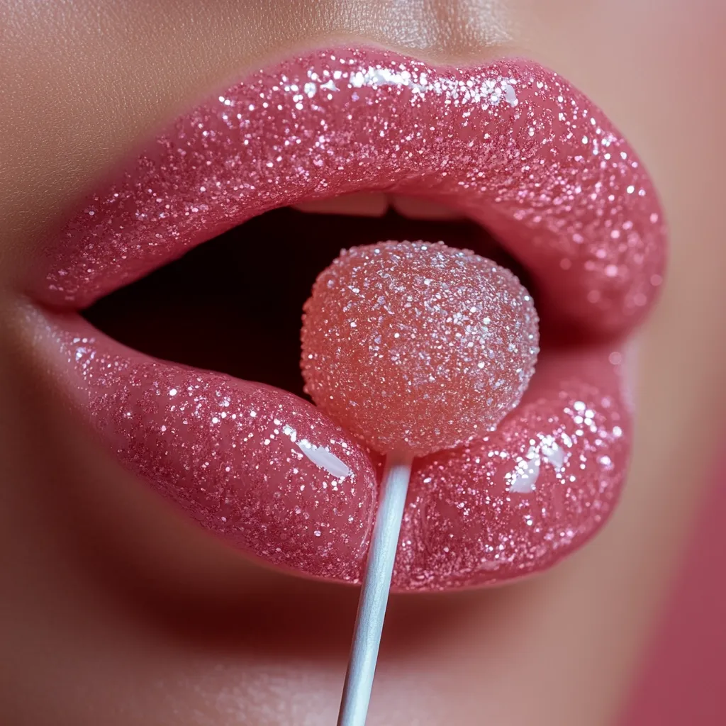 Close-up view of a woman's lips, heavily coated in glossy pink glitter lipstick.  A pink, sparkly lollipop is being held between her lips, the candy nearly touching her lower teeth. The focus is sharp on the lips and candy, creating a visually striking image of texture and color. The overall impression is one of sweetness and glamour.