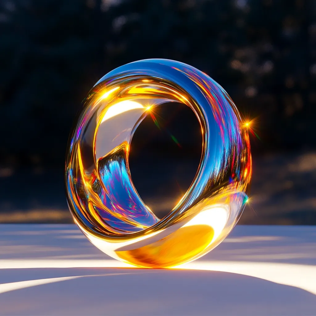 A mesmerizing, abstract sculpture dominates the image.  Its form is a continuous, polished loop of metal, gleaming with iridescent highlights that shift between gold, blue, and purple.  The smooth, reflective surface captures and distorts the background, suggesting a blurred natural landscape.  Light glints off the sculpture, creating starburst effects, adding to its ethereal, almost otherworldly quality. The sculpture rests on a white, subtly textured surface, contrasting its vibrant metallic sheen.