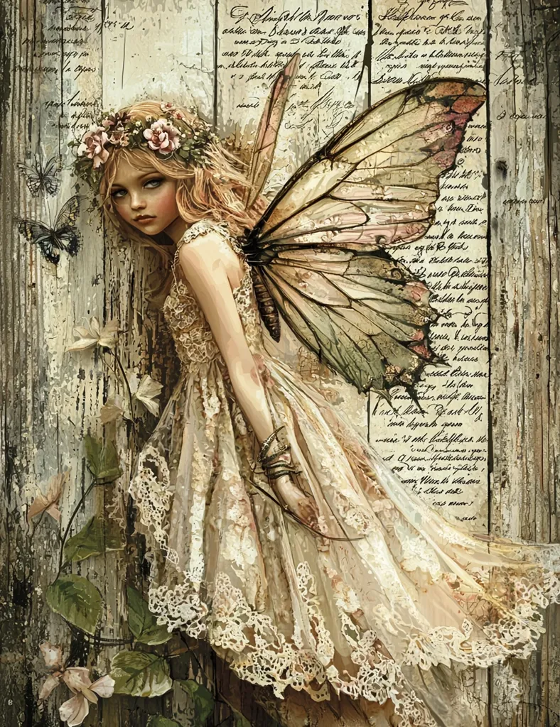 Here's a description of the image:

The image is a painting or print depicting a young fairy-like woman with large, delicate wings. She wears a flowing, lace-trimmed gown in muted beige tones and a floral crown.  Her expression is serene, almost melancholic.  She is positioned against a backdrop of distressed wood, overlaid with antique-looking handwritten text and small butterflies.  The overall aesthetic is vintage, ethereal, and romantic, with a slightly faded or sepia-toned color palette. The style suggests fantasy art with romantic elements.