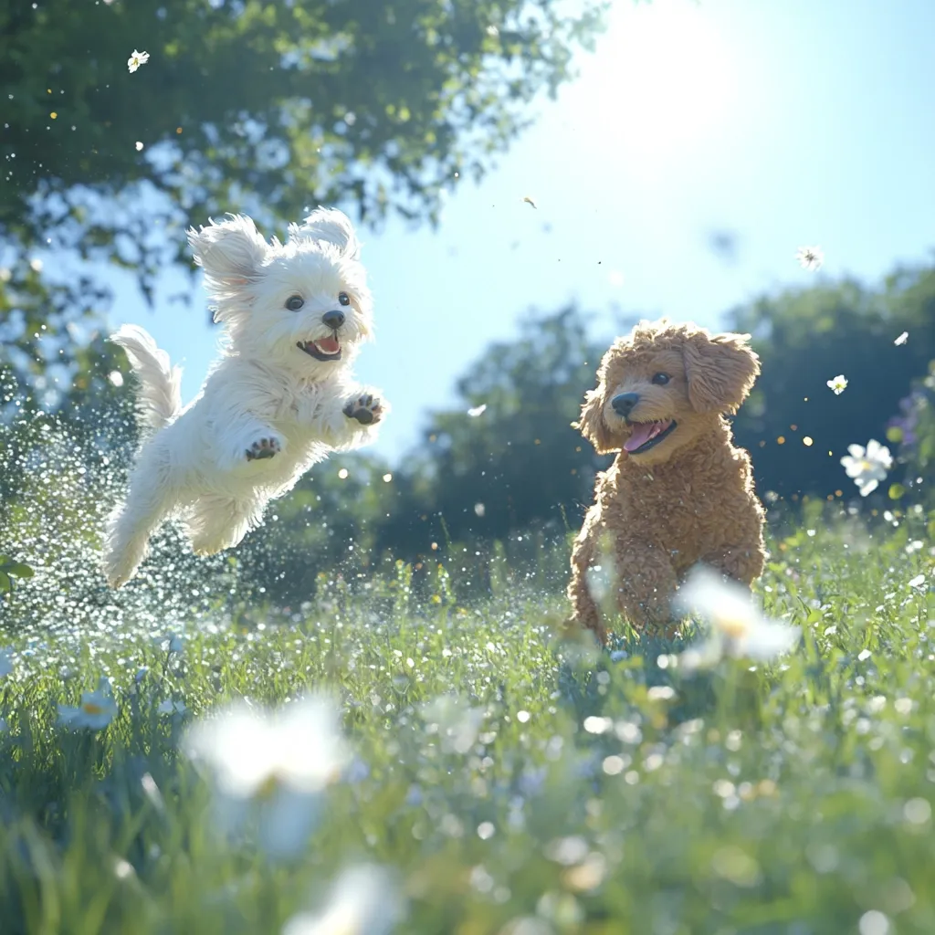 Two small dogs joyfully leap through a sun-drenched meadow filled with daisies. A white Maltese, mid-air, displays a cheerful expression, while a brown, fluffy poodle playfully bounds nearby.  Water droplets shimmer around the white dog, suggesting recent activity. The scene is vibrant and idyllic, capturing the pure joy of canine play in a beautiful natural setting.  The background is softly blurred, drawing focus to the energetic pups.