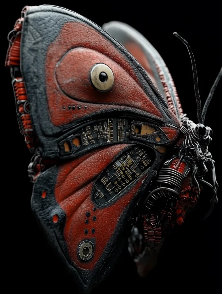 Close-up view of a meticulously crafted steampunk-style butterfly. Its wings are a rich, reddish-brown leather-like material, accented with dark gray detailing and intricate circuit board patterns embedded within.  The body is constructed of dark metal, wires, and mechanical components, giving it a biomechanical aesthetic.  The overall effect is one of intricate detail and a fusion of nature and technology. The background is pure black, providing a stark contrast and highlighting the artwork's complexity.