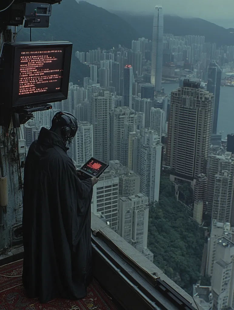 A cloaked figure stands in a high-rise building overlooking a sprawling cityscape.  A large monitor displays red code, suggesting technological activity. The city below is dense with skyscrapers, a blend of modern architecture and urban sprawl. The atmosphere is dark and moody, evoking a sense of mystery and technological dominance. The overall aesthetic is cyberpunk, blending futuristic technology with a gritty, urban landscape.
