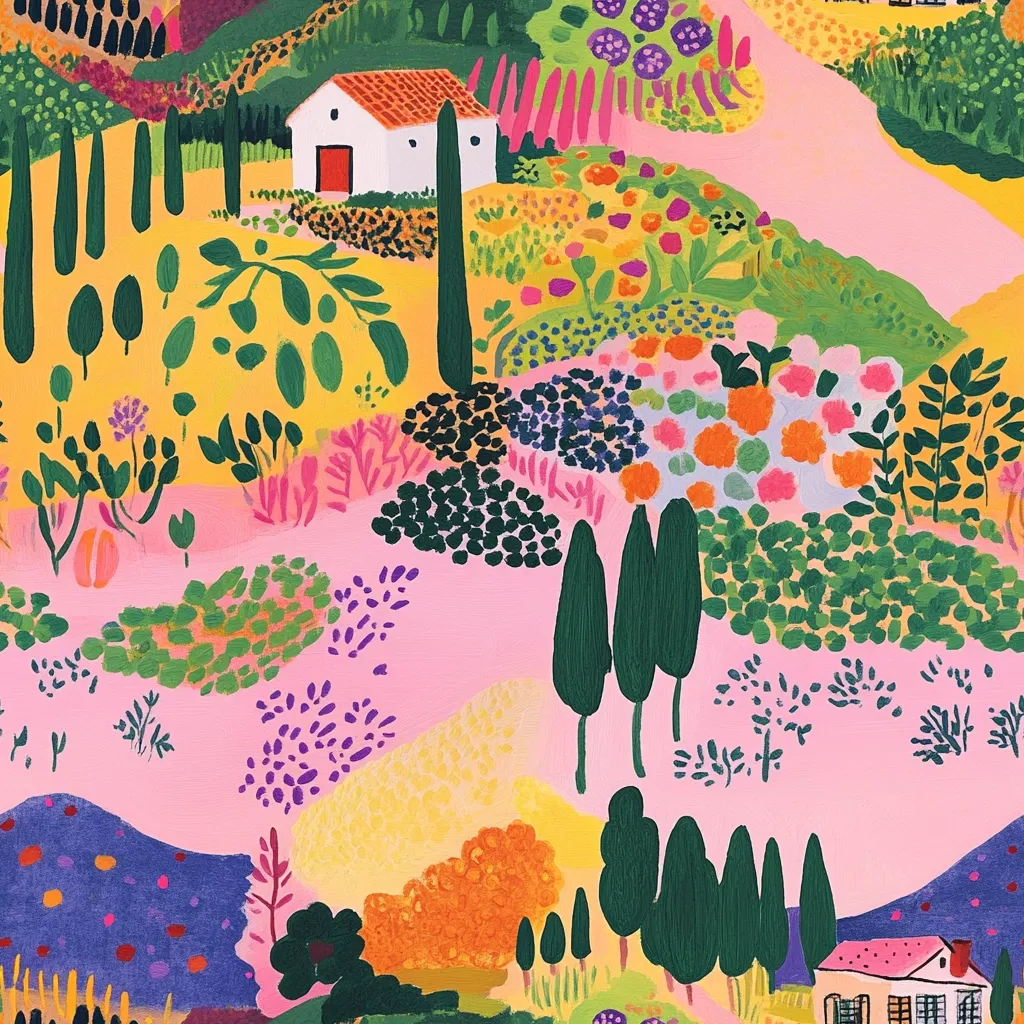 Here's a description of the image:

The illustration is a vibrant, stylized landscape, painted in a bold, almost naive style.  Pink hills roll across the canvas, punctuated by clumps of intensely colored flowers and foliage in shades of orange, yellow, purple, and green.  Tall, dark green cypress trees are scattered throughout.  Two small, white houses with terracotta roofs nestle amongst the flora, adding a touch of domesticity to the otherwise whimsical scene.  The overall effect is playful and joyful, suggestive of a sunny, idyllic countryside.