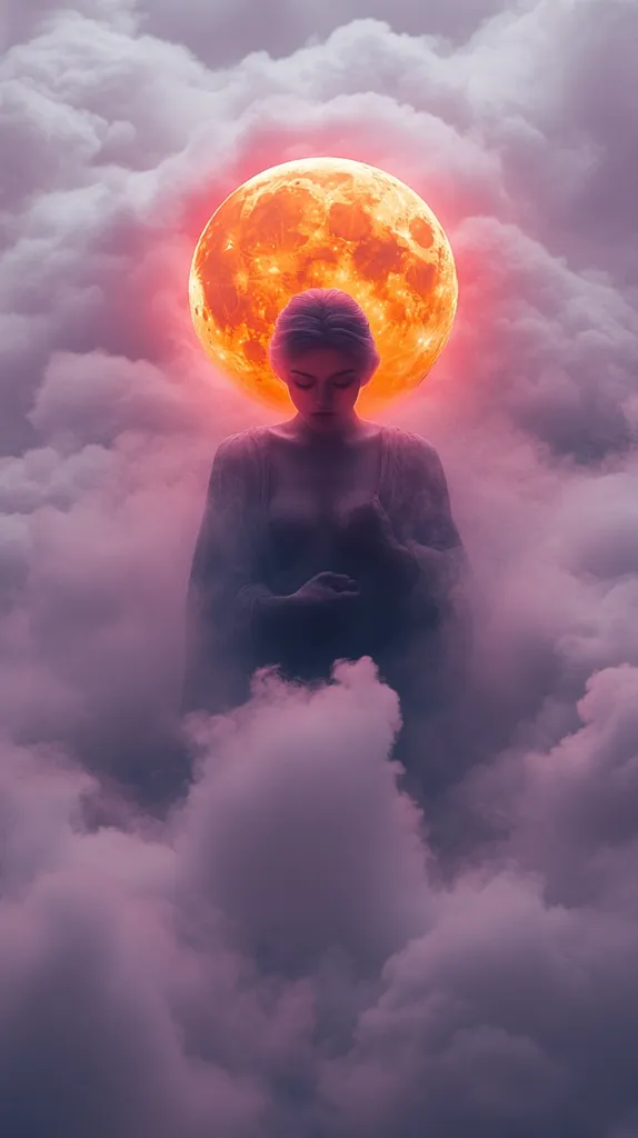 Here is a description of the image:

The image depicts a serene, ethereal figure of a woman, seemingly composed of cloud-like substance, enveloped in a soft, purplish-pink cloud formation. She stands with her head bowed, hands clasped before her, radiating a sense of tranquility or contemplation.  A large, fiery orange moon, resembling a blood moon, hovers directly behind her, casting a warm glow upon the scene, adding to the dreamlike, almost otherworldly atmosphere.  The overall effect is mystical and peaceful.