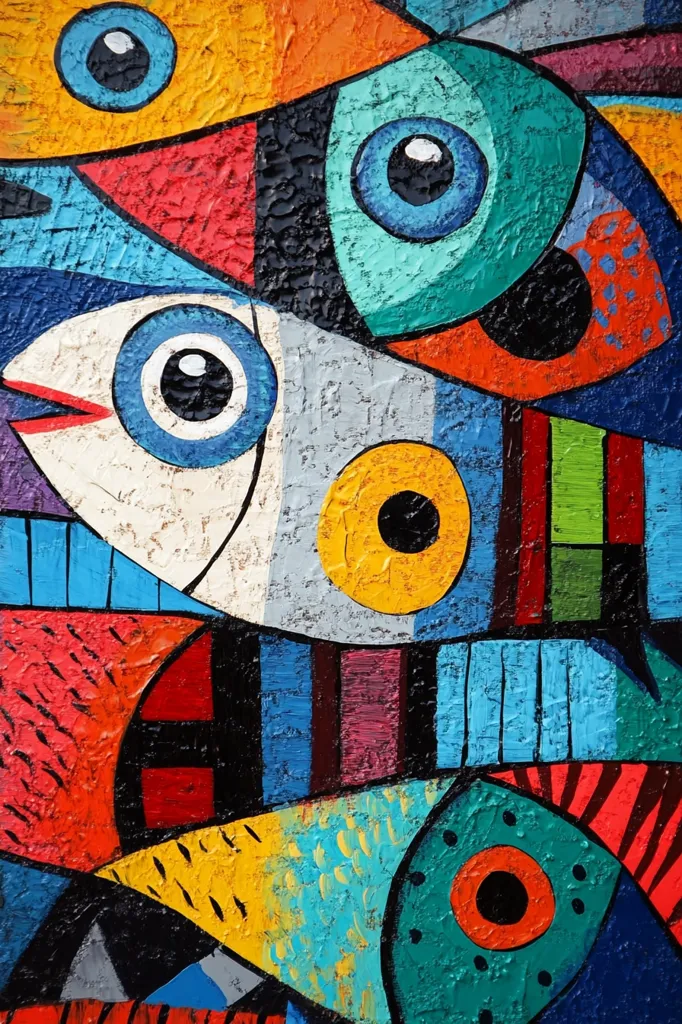 This vibrant artwork is an abstract depiction of fish, rendered in a Cubist style.  Bold, geometric shapes and contrasting colors dominate the composition.  Large, expressive eyes punctuate the fish forms, creating a playful, almost whimsical effect.  The thick, textured paint application adds depth and visual interest.  The overall palette is bright and varied, utilizing blues, reds, yellows, and oranges in a dynamic arrangement. The style suggests a joyful and energetic interpretation of marine life.