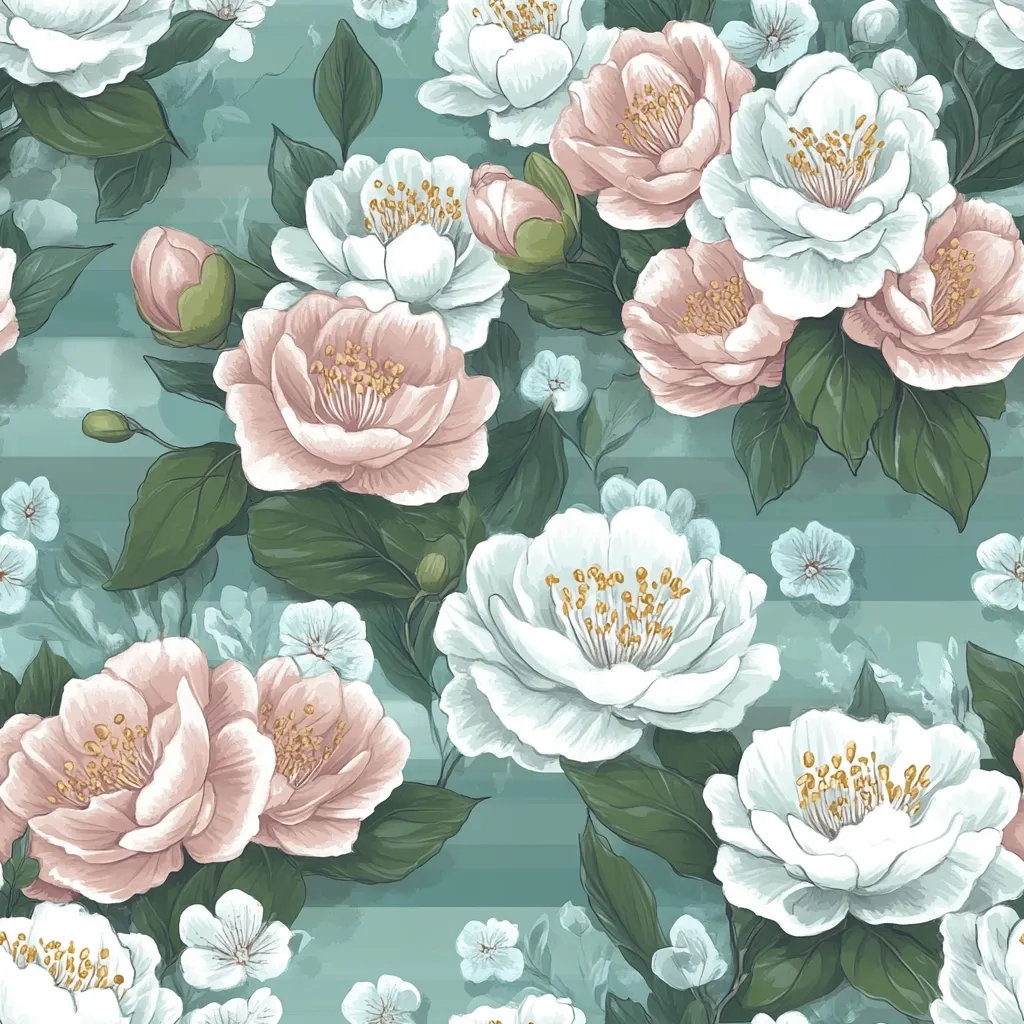 Here's a description of the image:

The image is a seamless pattern featuring a lush arrangement of blush pink and white camellias.  The flowers are depicted in a realistic style with detailed petals and stamens, set against a soft teal background with subtle horizontal stripes.  Smaller, delicate white flowers are interspersed among the camellias, adding texture and depth to the design.  The leaves are a deep green, providing contrast to the lighter blossoms. The overall aesthetic is elegant and romantic, suggesting a floral textile print or wallpaper design.
