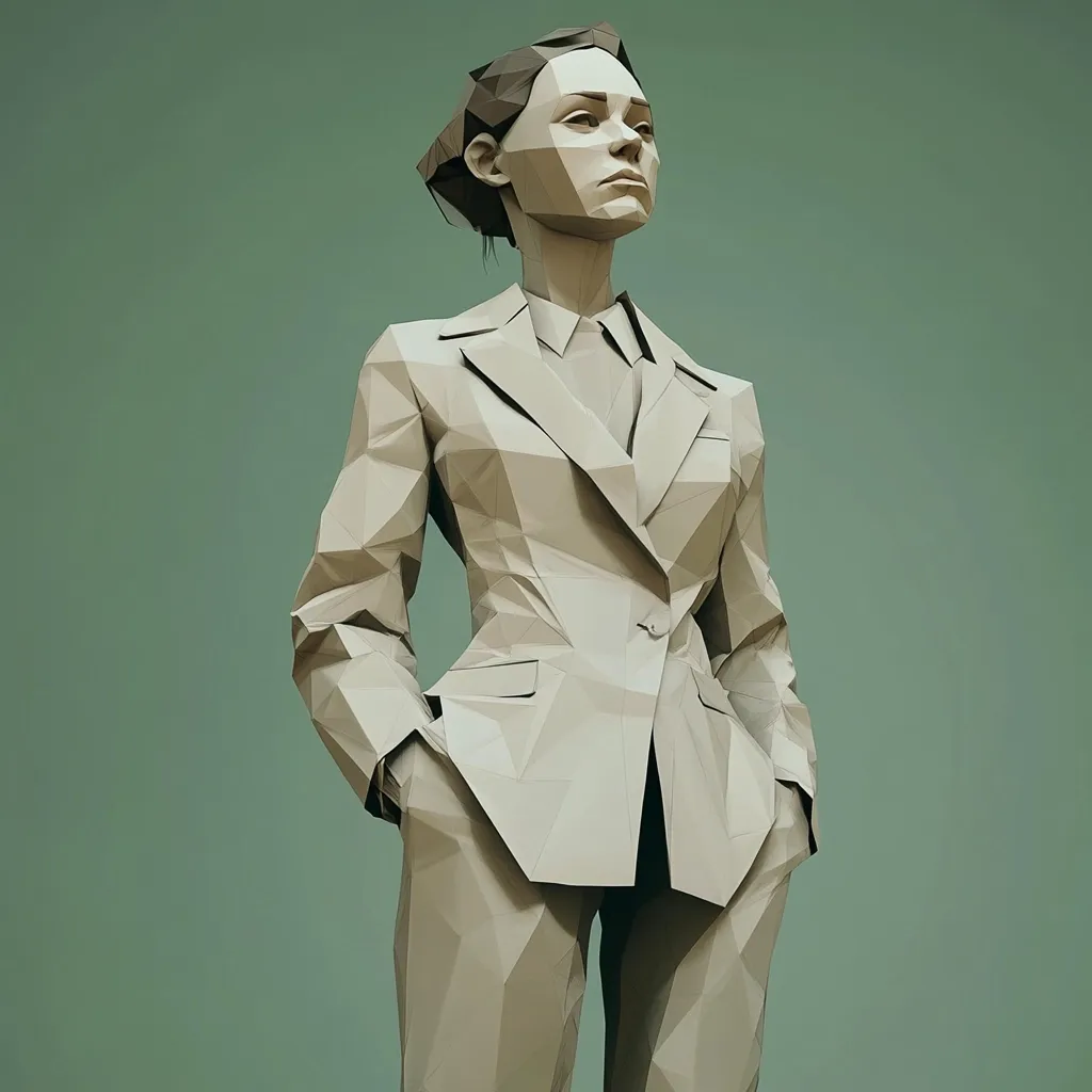 Here is a description of the image:

The image shows a low-poly rendering of a woman in a business suit.  The figure is rendered in shades of beige and stands against a muted sage green background.  The polygonal style gives the woman a statuesque quality, and her pose—hands in pockets, head slightly tilted upward—suggests confidence and strength.  The low-poly aesthetic creates a slightly abstract and modern feel.  The overall effect is one of stylized power and sophistication.
