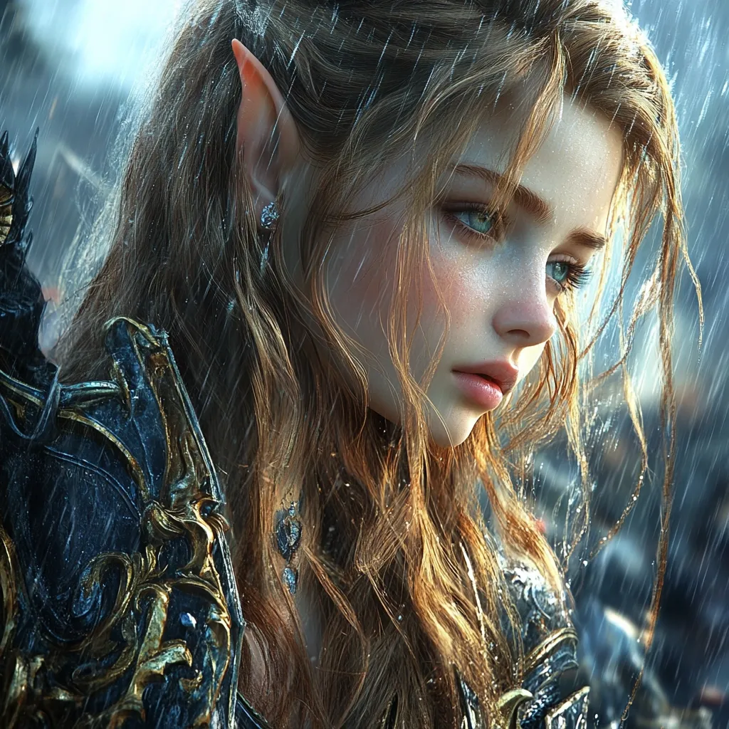 A digital painting depicts a young elf woman with long, flowing auburn hair, standing in the rain.  Her pointed ears and delicate features are accentuated by the soft light. She wears ornate, dark armor with gold detailing, suggesting a warrior or knight.  Rain droplets cling to her hair and skin, adding to the atmospheric mood. Her expression is pensive, almost melancholic, as she gazes to her side. The overall style is fantasy-inspired, with a focus on realism in the rendering of her features and the environment.