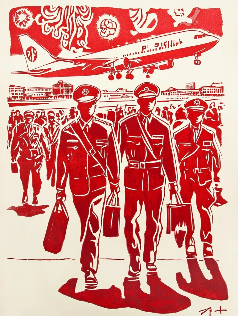 Here's a description of the image:

The artwork is a bold, red-on-off-white print depicting a scene at an airport.  Three figures in military-style uniforms, carrying bags, are the focal point, walking towards the viewer. Above them, a large airplane is landing, filling much of the upper half of the composition. A crowd of people is visible in the background, creating a sense of departure or arrival.  The style is graphic and stylized, with simplified forms and strong outlines, reminiscent of propaganda posters.  Intricate red patterns and symbols are scattered in the sky, adding an abstract, symbolic layer to the scene. The overall impression is one of organized movement and perhaps nationalistic pride.