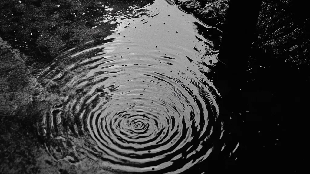 Here's a description of the image:

A black and white photograph captures the concentric ripples spreading outwards from the center of a puddle.  The ripples, dark and light in contrast, create a mesmerizing pattern on the water's surface. The puddle is situated on a dark, textured surface, possibly asphalt or stone, which contrasts with the smoother water. The overall mood is serene and contemplative, with the image focusing on the simple beauty of the water's movement.  A darker area occupies the right side of the frame, hinting at shadow or a deeper pool.