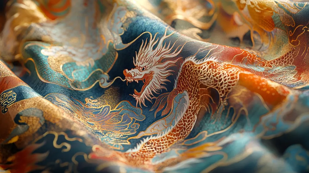 The image shows a close-up of intricately woven fabric, richly textured with a teal, gold, and orange color scheme.  The fabric depicts a detailed dragon design, its scales and features meticulously rendered. The dragon is a prominent focus, appearing almost three-dimensional due to the fabric's folds and the light reflecting off the metallic threads.  The overall impression is one of luxury and artistry, suggesting a high-quality, possibly hand-crafted, textile.