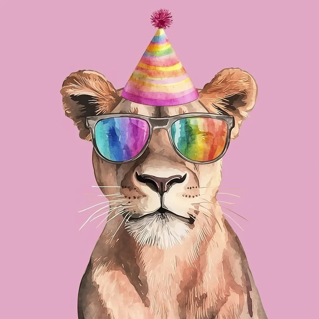 Here's a description of the image:

A watercolor-style illustration depicts a lioness wearing rainbow-colored sunglasses and a colorful party hat. The lioness's expression is serene, almost slightly smug.  The background is a soft pink. The overall style is whimsical and playful, suggesting a celebratory or festive mood. The vibrant colors of the accessories contrast with the more natural tones of the lioness's fur.