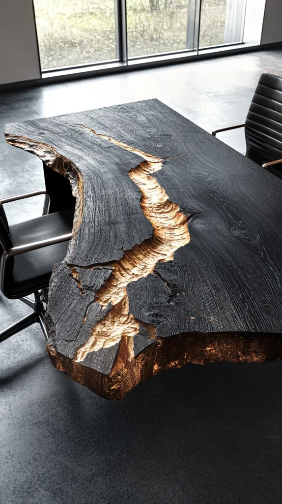 Here's a description of the image:

The photograph showcases a striking, dark-stained wood conference table.  Its live-edge design features a natural crack running through the center, revealing a lighter, contrasting wood underneath. The table's dark, almost black finish accentuates the wood grain, creating a dramatic effect.  Modern black leather chairs partially visible suggest a professional or high-end office setting. The large window in the background adds natural light and softens the overall dark tones. The table is the clear focal point, highlighting its unique and luxurious design.