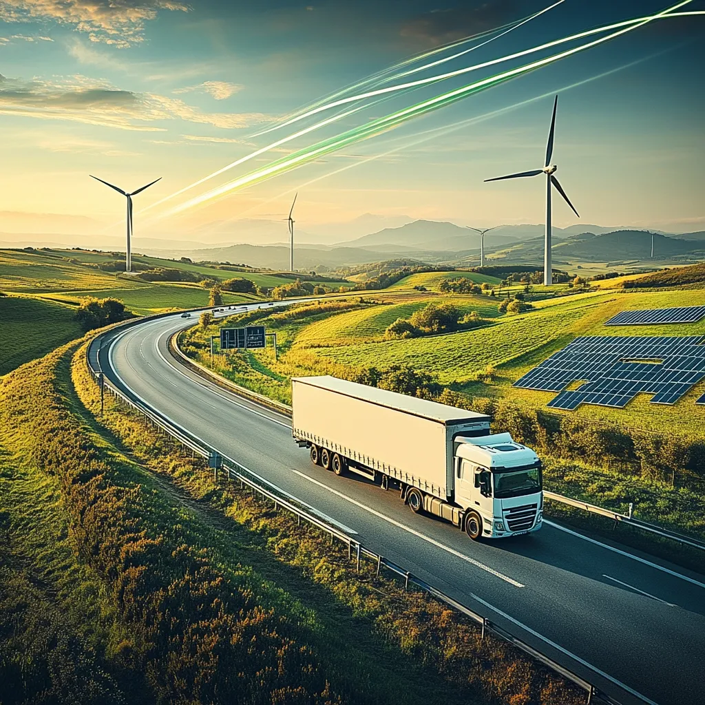A white semi-truck travels along a winding highway through a picturesque, sun-drenched countryside.  Rolling green hills dotted with wind turbines and solar panels form the idyllic backdrop.  The scene suggests a sustainable and environmentally conscious approach to transportation, highlighting clean energy sources alongside modern logistics. The warm sunset light casts long shadows, adding to the peaceful and scenic atmosphere.