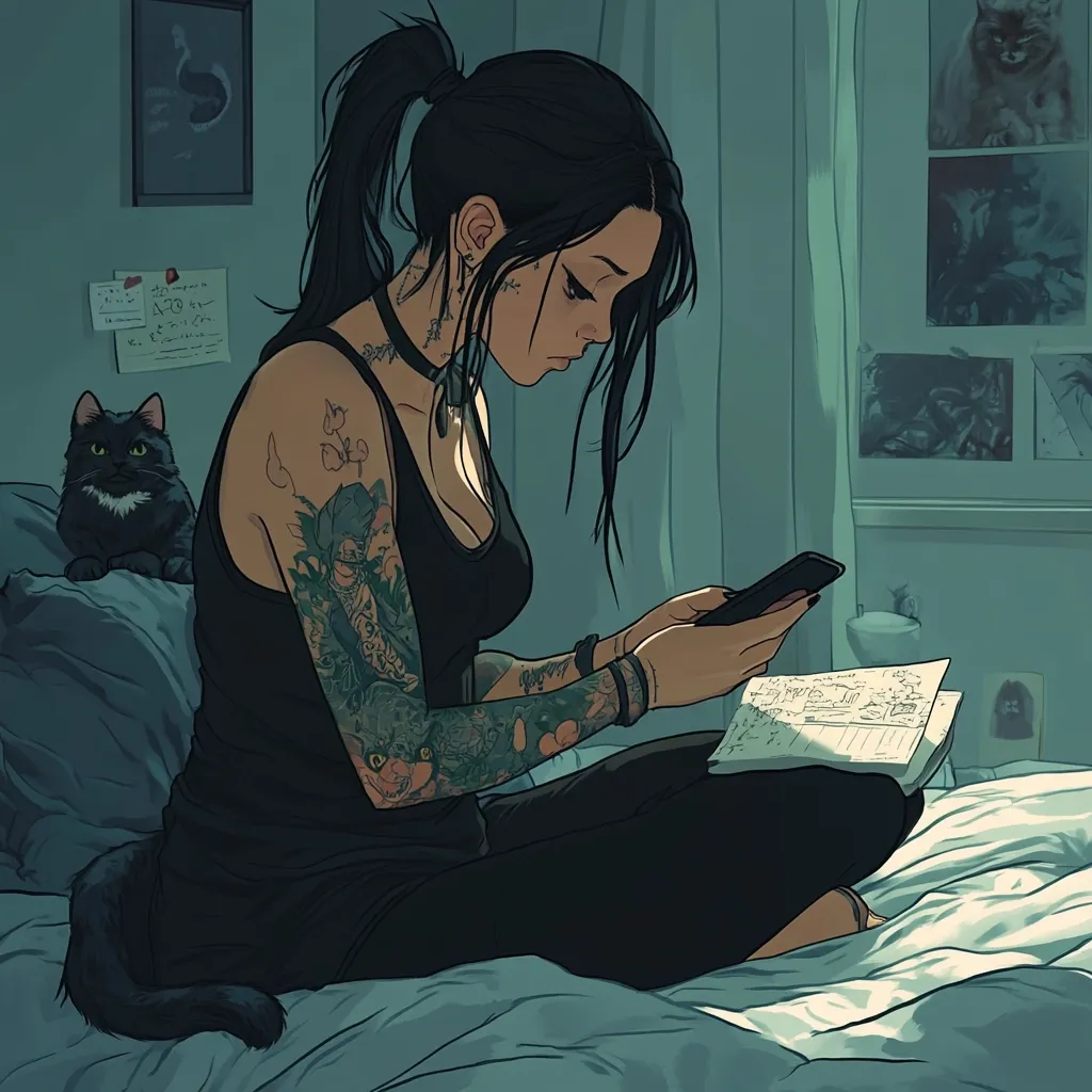 A young woman with elaborate tattoos sits on her bed, engrossed in her phone.  Her long, dark hair is pulled back in a ponytail. A black cat rests beside her on the pillows. The room is dimly lit, with framed pictures on the wall and a notebook beside her phone. The overall style is reminiscent of anime or graphic novel illustration, conveying a mood of quiet contemplation. The color palette is muted, dominated by teal and dark shades.