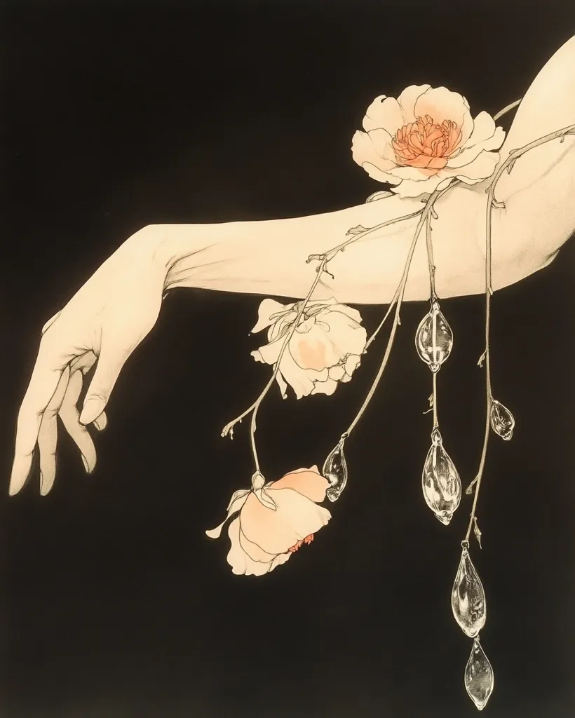 Here's a description of the image:

The artwork features a pale arm and hand extending from the right, gracefully reaching towards the left against a stark black background.  Pale peach-colored flowers, reminiscent of roses, are delicately attached to the arm along a slender, dark vine.  From the vine hang clear, teardrop-shaped forms, possibly representing water droplets or tears, adding a sense of fragility and melancholy to the piece.  The style is reminiscent of Art Nouveau, with its flowing lines and emphasis on nature. The overall effect is one of elegant, yet somewhat unsettling, beauty.