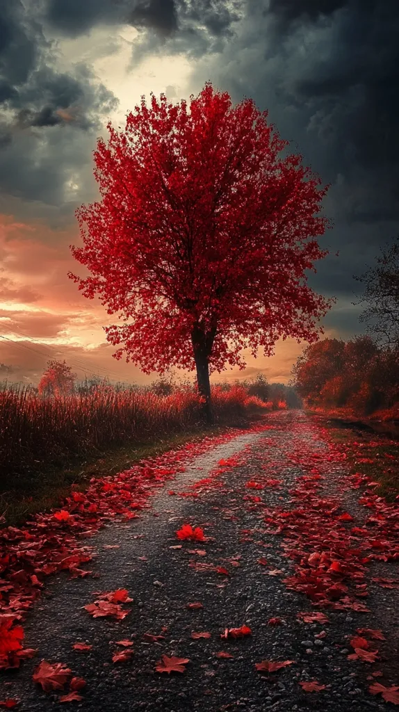 A vibrant crimson tree stands majestically beside a country lane, its leaves scattered along the path. The sky above is a dramatic mix of dark clouds and a warm sunset.  The scene evokes a feeling of autumnal tranquility, with the deep red of the foliage contrasting against the gray road and brooding clouds.  The overall atmosphere is serene yet intense.
