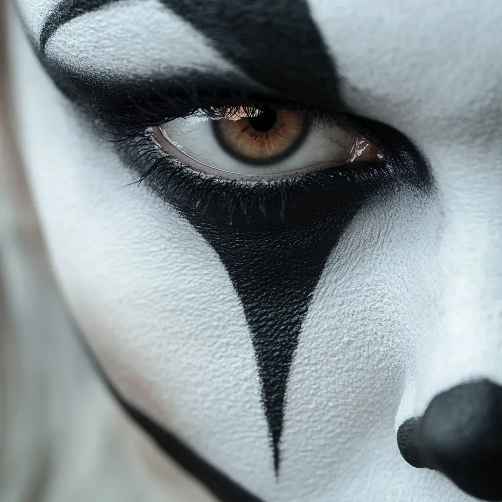 Here's a description of the image:

A close-up shot focuses on a person's eye, dramatically enhanced with black and white makeup resembling a stylized harlequin or clown design.  The eye is hazel or brown, with long dark lashes, and gazes directly at the viewer. The makeup is sharply defined, contrasting the stark white base with bold black accents that point downward toward the nose, which is also partially painted black. The texture of the makeup is visible, giving a slightly rough appearance. The overall effect is intense and captivating, bordering on eerie.