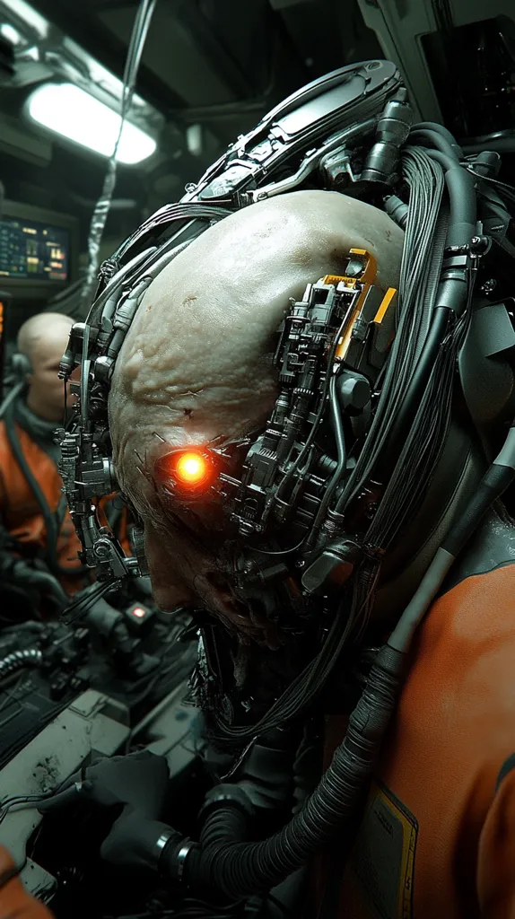 Close-up view of a cyborg's head and upper torso, heavily augmented with intricate mechanical components and wiring.  A glowing red light emanates from within the device near its eye. The cyborg wears an orange jumpsuit, suggesting a work or pilot uniform.  Another person in an orange jumpsuit is partially visible in the background, hinting at a futuristic or sci-fi setting. The overall aesthetic is dark, gritty, and technologically advanced. The image has a high level of detail, emphasizing the complex machinery integrated with the cyborg's body.