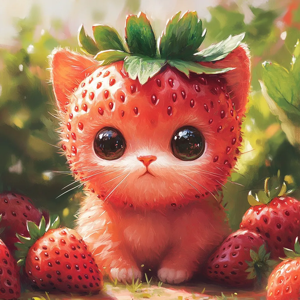 Here's a description of the image:

The illustration depicts an adorable kitten seemingly made entirely of a strawberry.  Its fur is textured like the surface of a strawberry, complete with tiny seeds.  Large, expressive eyes and a delicate feline face peek out from the fruity exterior.  Atop its head sits a vibrant green strawberry crown. The kitten is surrounded by several ripe, red strawberries, creating a whimsical, sweet scene set in a softly blurred, sun-drenched garden backdrop. The overall style is charming and fantastical, with a focus on soft lighting and a delicate color palette.