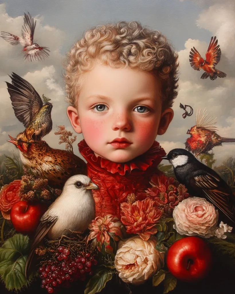 A young boy with curly blond hair is the centerpiece of a highly detailed painting. He wears a red ruffled collar and is surrounded by a vibrant arrangement of flowers, including roses, dahlias, and peonies.  Several birds, rendered with meticulous detail, are positioned around him—some perched on his shoulders, others in flight in the background.  Apples and red berries add to the rich color palette, creating a visually stunning and slightly surreal scene. The style is reminiscent of classical portraiture with a fantastical, almost allegorical, element.