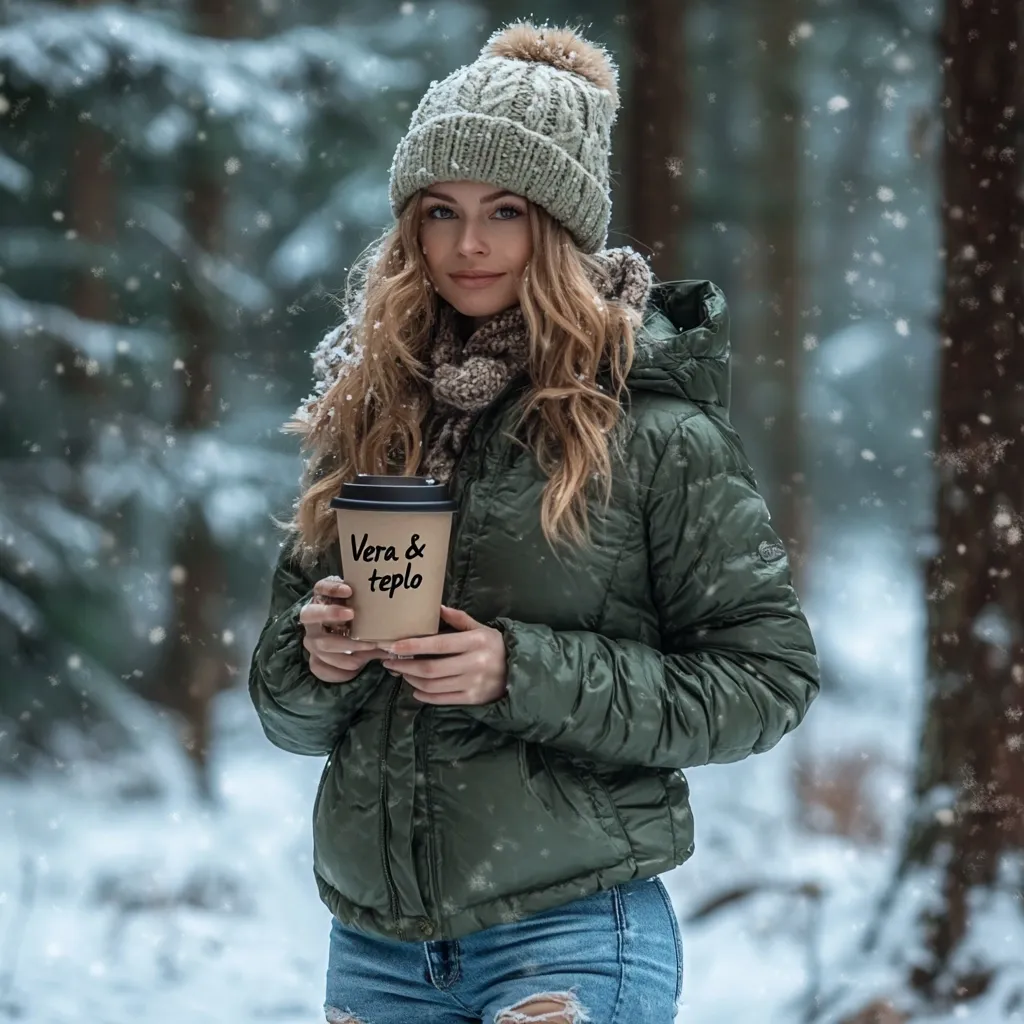 A young woman with long blonde hair stands in a snowy forest, holding a takeaway coffee cup that says "Vera & teplo" (Vera & warmth).  She's bundled in a green puffer jacket, a knitted hat with a pompom, and a scarf.  Snowflakes gently fall around her, creating a cozy winter scene.  The overall mood is serene and picturesque.