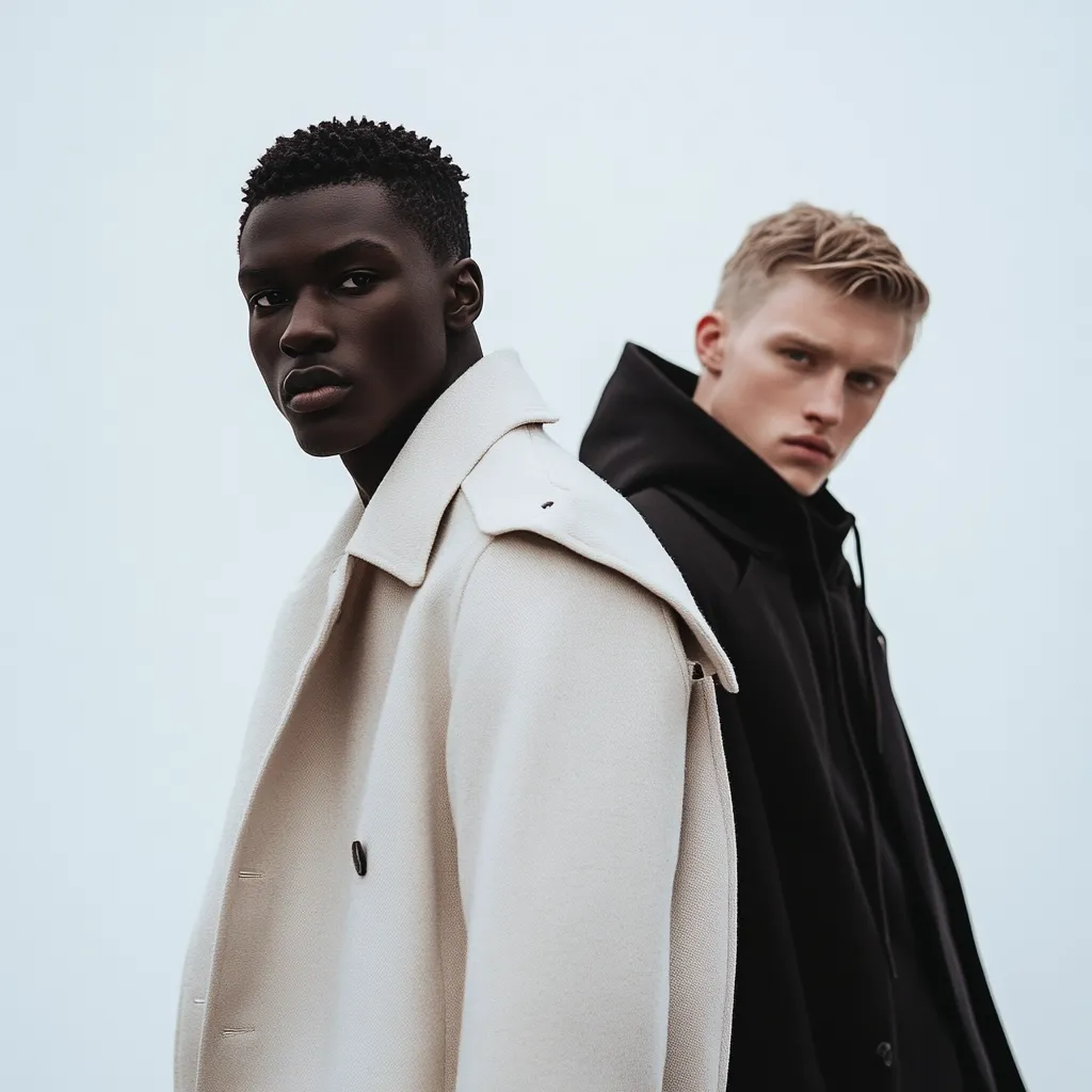 Here's a description of the image:

The photograph shows two young men standing shoulder-to-shoulder against a stark white background. The man in the foreground is Black, wearing a creamy off-white, collared overcoat. His expression is serious and his gaze is directed toward the viewer. Behind him stands a light-skinned man in a black hooded jacket, his face partially turned away. The contrast in their skin tones and clothing choices creates a visually striking image, emphasizing their individual styles. The overall mood is minimalist and fashion-focused.