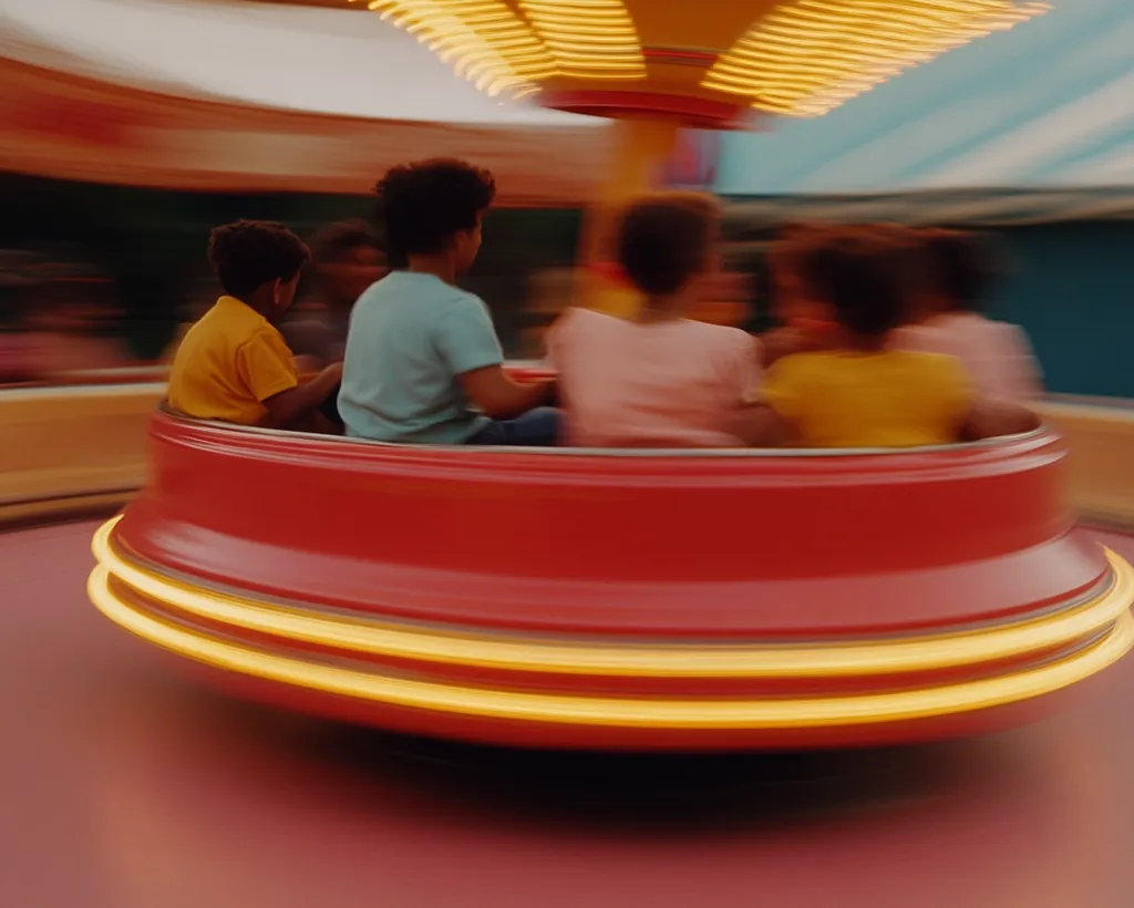 Here's a description of the image:

A vibrant, slightly blurred image captures a group of children enjoying a spinning ride at an amusement park. The ride is a red, saucer-shaped platform with illuminated yellow rings around its base, suggesting motion. Four children, primarily wearing yellow and light pink tops, are seated on the ride, their features slightly obscured by the dynamic blur of the spinning motion. The background is a soft, out-of-focus blend of colors and shapes, typical of an amusement park setting. The overall impression is one of fun, movement, and childhood excitement.