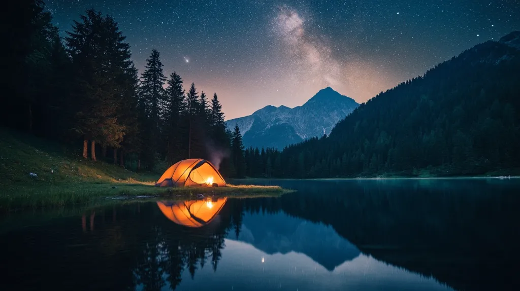 A serene night scene unfolds beside a tranquil lake nestled in a mountainous region.  A brightly lit tent sits on the lakeshore, its warm glow reflected in the still water.  Towering evergreens frame the scene, set against a backdrop of majestic mountains reaching towards a breathtaking night sky, dotted with countless stars and a vibrant Milky Way. The overall atmosphere is one of peace and solitude in the heart of nature.