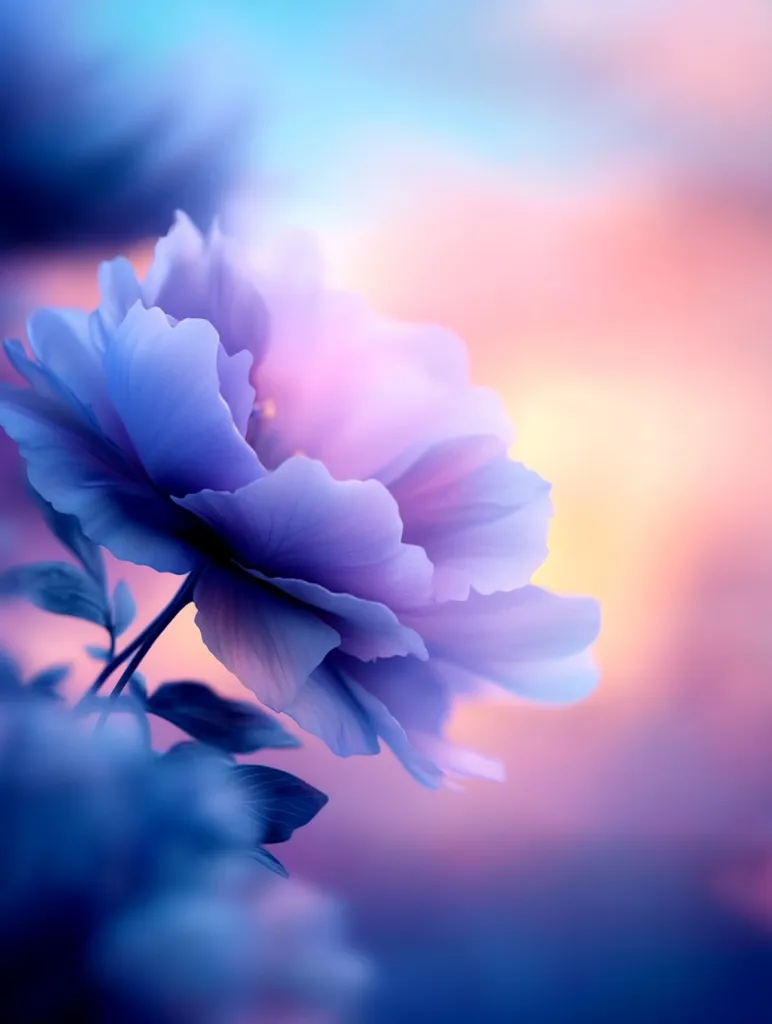 Here's a description of the image:

The image is a close-up shot of a single, softly-hued purple and lavender peony blossom.  Its petals are delicately layered, appearing almost translucent against a blurred background of pastel sunset colors.  The background transitions from a light blue at the top to warm pinks and oranges near the bottom, creating a dreamy, ethereal atmosphere.  The focus is primarily on the flower, making its textures and subtle color variations prominent.  The stem and leaves of the peony are partially visible, adding depth to the composition.  The overall effect is one of serene beauty and gentle romance.